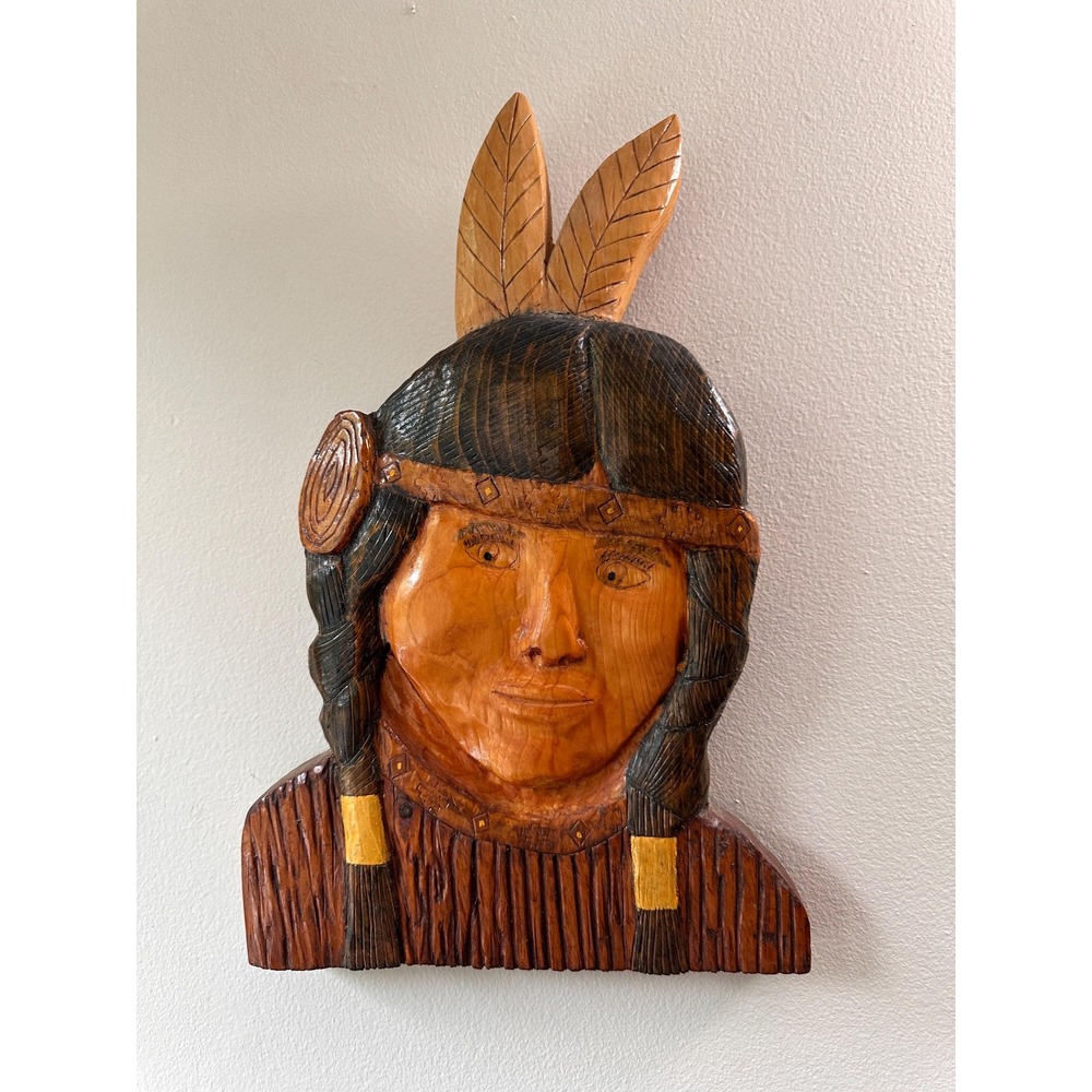 Vintage 1995 Hand Carved Wood Native American Wall Plaque Signed Folk Art Bust